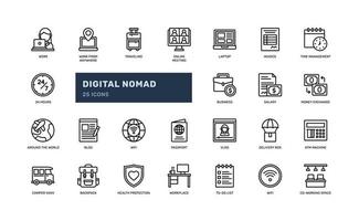 Digital nomad detailed outline line icons set symbols of freelance remote work and travel. Perfect for websites, blogs, and marketing materials for the digital nomad lifestyle vector