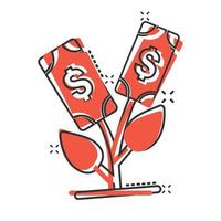 Growth profit icon in comic style. Flower with money cartoon vector illustration on white isolated background. Increase splash effect business concept.