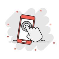 toque el icono del teléfono inteligente con la mano en estilo cómico. ilustración de dibujos animados de vector de dedo de teléfono sobre fondo blanco aislado. efecto de salpicadura de concepto de negocio de pantalla táctil de cursor.