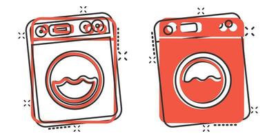 Washing machine icon in comic style. Washer cartoon vector illustration on white isolated background. Laundry splash effect business concept.