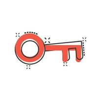 Key icon in comic style. Password cartoon vector illustration on white isolated background. Access splash effect business concept.