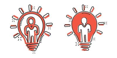 People with bulb icon in comic style. idea cartoon vector collection illustration on white isolated background. Brain mind splash effect business concept.