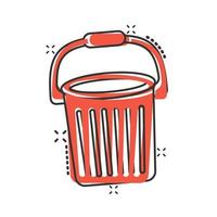 icono de cubo en estilo cómico. Ilustración de vector de dibujos animados de bote de basura sobre fondo blanco aislado. concepto de negocio de efecto de salpicadura de cubo.