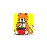 Cute cat eat noodle cartoon illustration, flat cartoon style vector