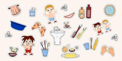 Set Bathroom tools children wash stickers. Vector hygien baby educational. Hand drawn illustration.