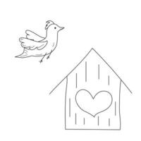 pájaro y casita para pájaros garabatear vector ilustración. el llegada de primavera. colorante libro para niños.