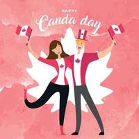 Happy couple cartoon waving flags of Canada Happy Canada day Vector