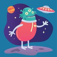 Cute happy alien character waving his hand Vector