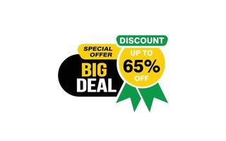 65 Percent BIG DEAL offer, clearance, promotion banner layout with sticker style. vector