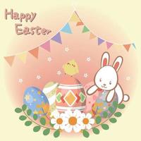 Congratulations on Easter with eggs, bunting and bunny vector