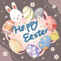 Happy Easter card with bunny chick and colorful eggs vector