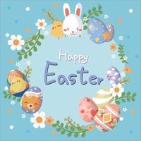 Congratulations on Easter with colorful eggs, cute little flowers and rabbits vector