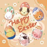 Happy Easter card with many colorful eggs with cute little animals vector