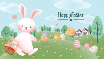 Easter greeting card with hare, easter eggs and chicks vector