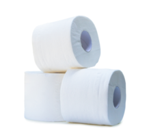three rolls of white tissue paper or napkin in stack prepared for use in toilet or restroom isolated with clipping path and shadow in png file format