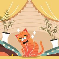 An Orange Tabby Cat Stand on a Stack of Pillow vector