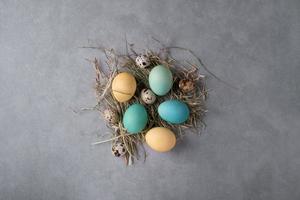 Stylized bird's nest with quail and painted yellow and turquoise chicken eggs photo