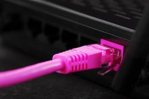 un rosado parche cable es insertado dentro el del enrutador Wifi Puerto a acceso el Internet. Internet conexión terminado un cable con un enrutador foto