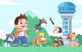 Boy Playing with Group of Dogs vector