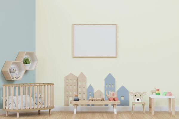 3D mockup photo frame in chidren room rendering