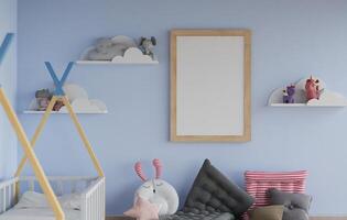 3D mockup blank photo frame in chirldren room rendering