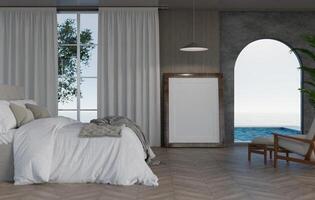 3D mockup blank photo frame in bedroom at pool villa