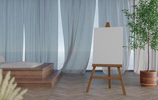 3D mockup blank canvas on Wooden easel in bedroom rendering photo