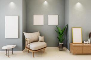 Picture frame attached to the wall, with chairs and vases placed on the table. photo