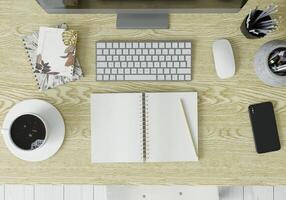 A set of desks and laptop placed on top photo