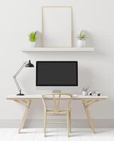 A set of desks and computers placed on top photo