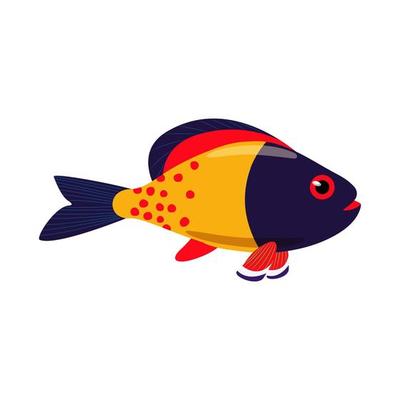 Decorative yellow sea fish with blue fins. Vector fish isolate in flat style, Sea exotic animals
