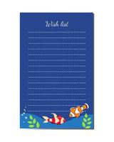 Wish list marine design with exotic fish. Printable organizer page template. Diary page vector template