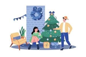 pareja decoración árbol de navidad juntos vector