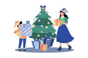 Little Girl And Mother Have Fun On The Christmas Celebration vector