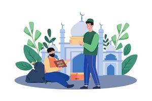 Muslim Man Distributing Zakat In Mosque vector