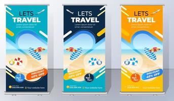 Travel Business agency Roll Up Template. Truism Standee Design Banner. Corporate digital Roll Up Banner. Vector x Banner, Holiday x-stand Banner. Company Tours Vacation exhibition display template.