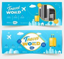 Modern World tours Banner design. company Holiday Adventure Template. Travel agency World Holiday Poster. Vacation Discount template. Travel and tour social media cover or web banner. vector