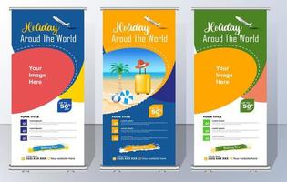 Travel Business Roll Up banner. Truism Standee Design Banner. Corporate digital Roll Up Banner. Vector x Banner, Holiday x-stand Banner. Company Tours Vacation exhibition display template.