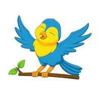 linda azul pájaro dibujos animados es canto en un rama vector