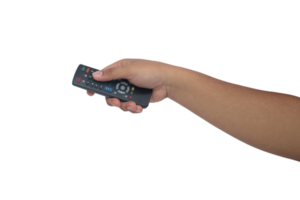 Asian man's hand holding television remote control png