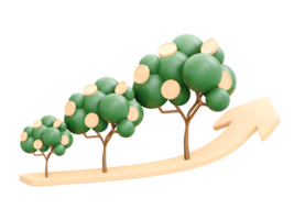 3d le rendu de empiler de pièce de monnaie argent arbre et La Flèche en haut concept de financier investissement. 3d illustration dessin animé style. png