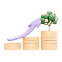 3d le rendu de empiler de pièce de monnaie argent arbre et La Flèche en haut concept de financier investissement. 3d illustration dessin animé style. png