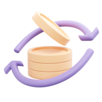 3d representación de apilar de moneda y flecha concepto de devolución de dinero. 3d ilustración dibujos animados estilo. png