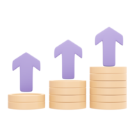 3d tolkning av stack av mynt och pil upp begrepp av finansiell investering. 3d illustration tecknad serie stil. png