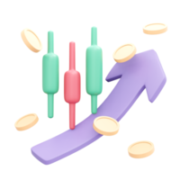 3d rendering of candlestick red and green with coin and arrow up concept of financial investment. 3d illustration cartoon style. png