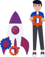 startup with business character holding gear. illustration of a man launching a business. illustration of man and rocket png