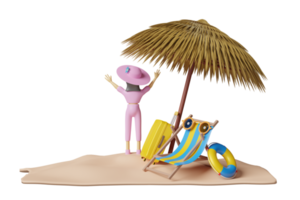 3d Character cartoon standing woman on summer beach with beach chair, yellow suitcase, lifebuoy, parasol, sea landscape background or travel concept, 3d render illustration png