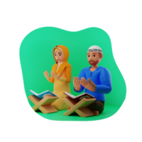 muçulmano casal lendo Alcorão durante Ramadã kareem 3d personagem ilustração png