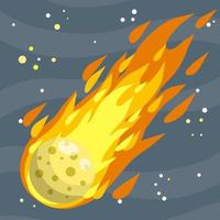 meteoro con estela de fuego. objeto espacial peligroso. cometa con cola. objeto celeste volando en el cielo. estrellas y astronomía. ilustración plana de dibujos animados. gran asteroide vector