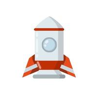 Rocket. Spaceship with porthole. Flight into space. Scientific discovery and colonization of planets. Childrens drawing. Red-and-white flat cartoon spacecraft vector